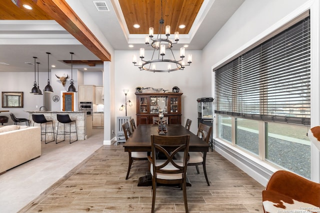 dining area featuring an inviting chandelier and wooden ceiling