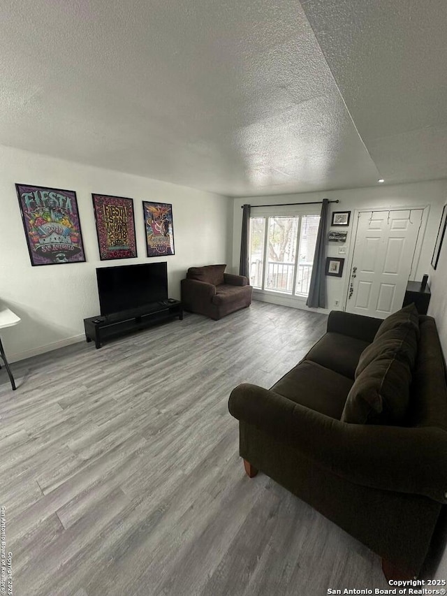 living room with a textured ceiling and light hardwood / wood-style flooring