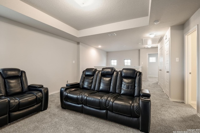 home theater room with a textured ceiling and carpet