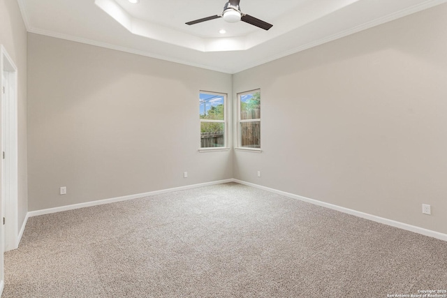 unfurnished room with a raised ceiling, ceiling fan, crown molding, and carpet flooring