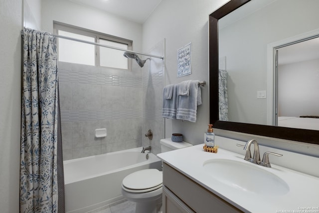 full bathroom with vanity, shower / bathtub combination with curtain, and toilet