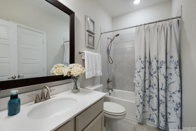 full bathroom with shower / tub combo, vanity, toilet, and tile patterned flooring