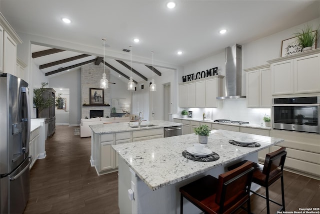 kitchen featuring wall chimney range hood, sink, appliances with stainless steel finishes, a spacious island, and a large fireplace