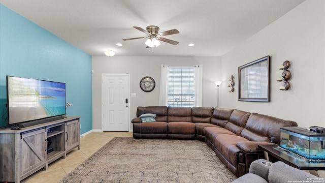 tiled living room featuring ceiling fan