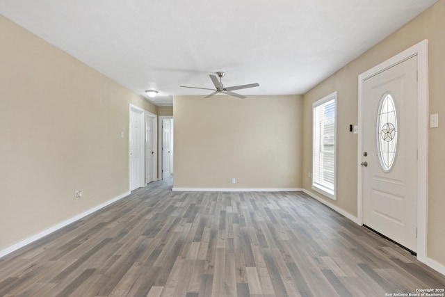 foyer featuring ceiling fan and hardwood / wood-style flooring