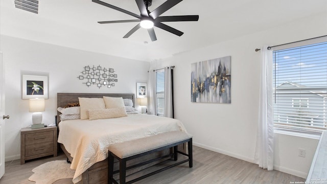 bedroom featuring ceiling fan and light hardwood / wood-style flooring