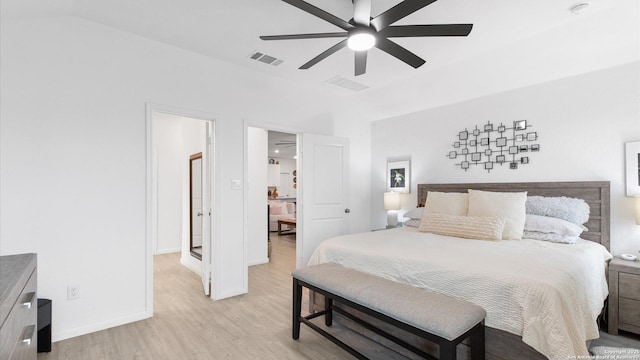 bedroom featuring ceiling fan and light hardwood / wood-style flooring