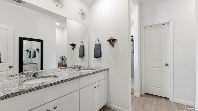 bathroom with hardwood / wood-style floors and vanity