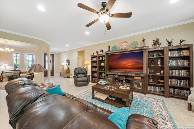 living room featuring ceiling fan with notable chandelier and ornamental molding