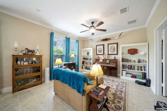 tiled living room with ceiling fan and crown molding