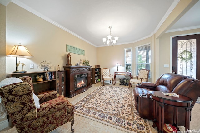 living room with a premium fireplace, an inviting chandelier, crown molding, and light tile patterned floors