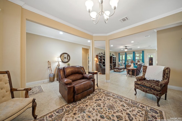 living room with ornamental molding, french doors, and ceiling fan with notable chandelier