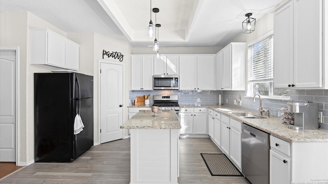 kitchen with appliances with stainless steel finishes, a kitchen island, a tray ceiling, sink, and decorative light fixtures