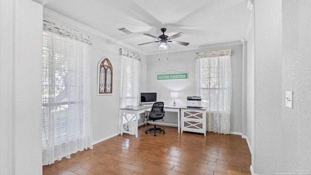 home office with ornamental molding and ceiling fan