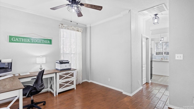 office area featuring ornamental molding and ceiling fan