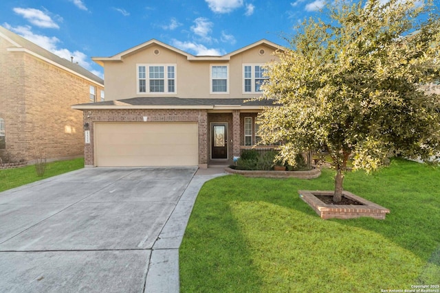 view of front of home with a front lawn and a garage