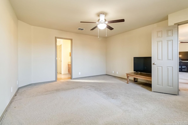 unfurnished living room with light carpet and ceiling fan