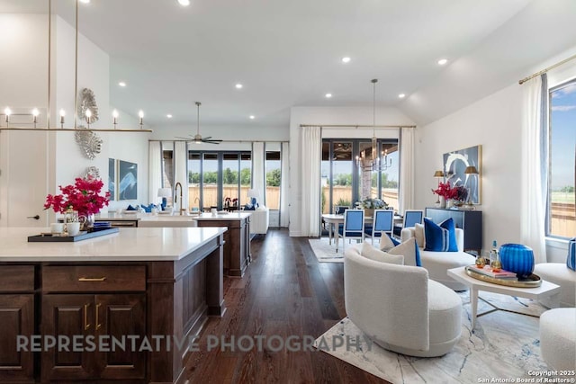 435 Nash, New Braunfels, TX 78130 - kitchen with vaulted ceiling, dark hardwood / wood-style flooring, sink, decorative light fixtures, and ceiling fan with notable chandelier