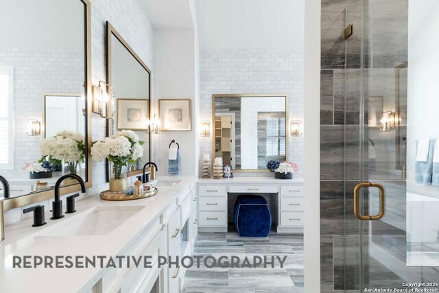 435 Nash, New Braunfels, TX 78130 - bathroom featuring a shower with shower door and vanity