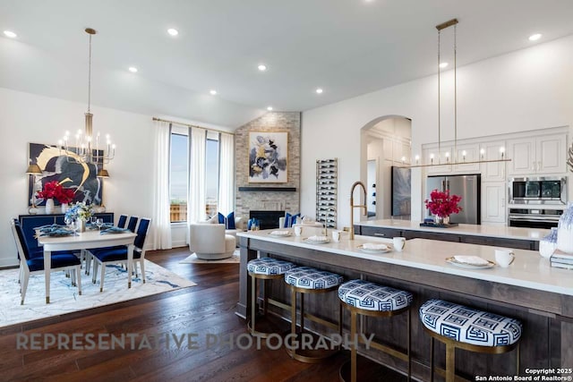 435 Nash, New Braunfels, TX 78130 - kitchen with stainless steel appliances, a kitchen bar, dark hardwood / wood-style floors, a fireplace, and decorative light fixtures