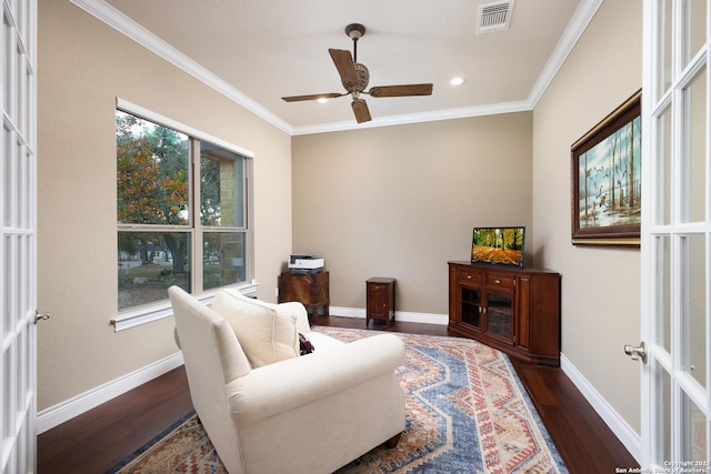 living area featuring ornamental molding, french doors, and dark hardwood / wood-style flooring