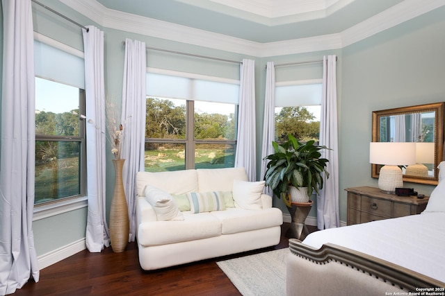 bedroom with dark wood-type flooring and ornamental molding