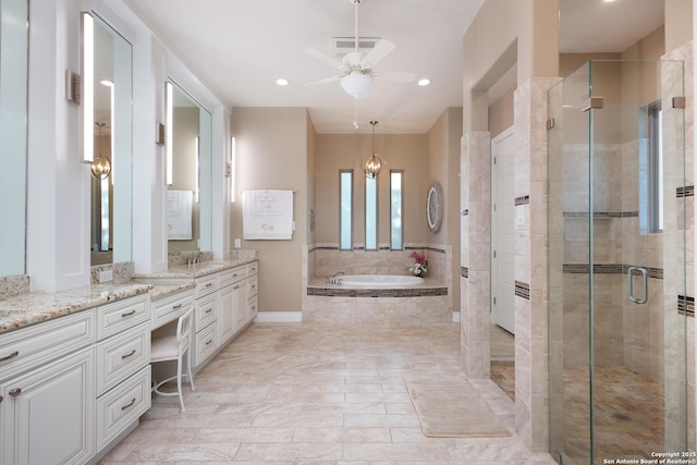 bathroom with shower with separate bathtub, vanity, and ceiling fan