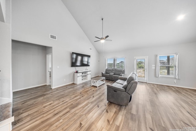 living room with ceiling fan, light hardwood / wood-style flooring, and high vaulted ceiling