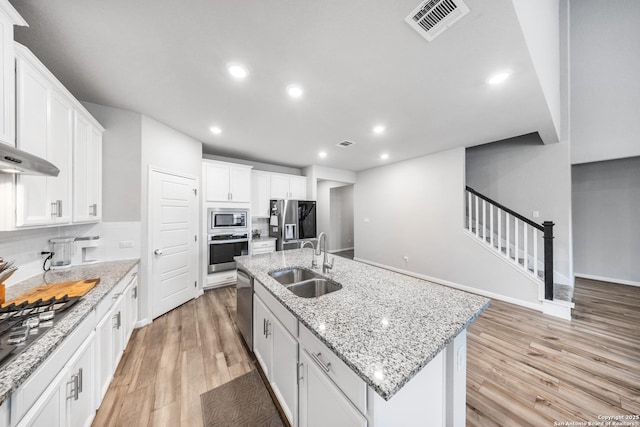 kitchen with white cabinets, stainless steel appliances, an island with sink, decorative backsplash, and sink