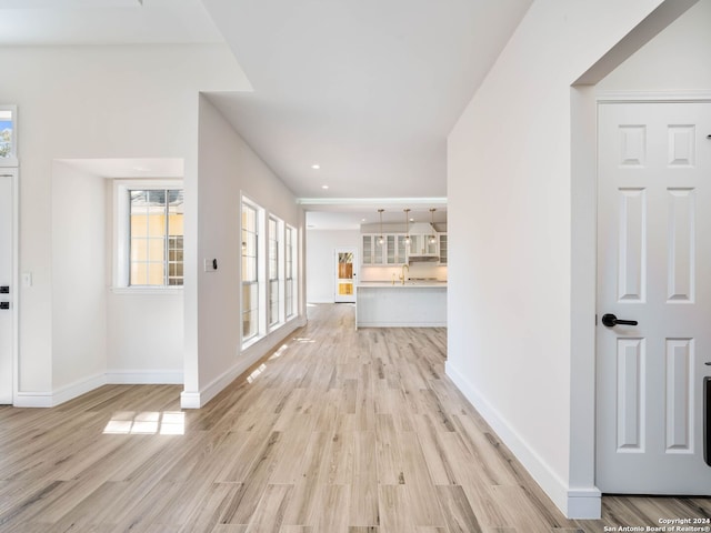 foyer entrance with light wood-type flooring and sink