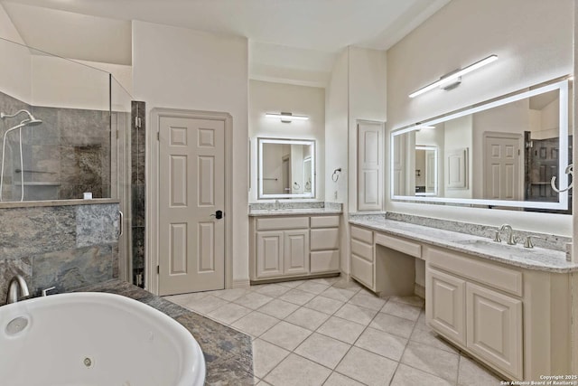 bathroom featuring vanity, plus walk in shower, and tile patterned floors