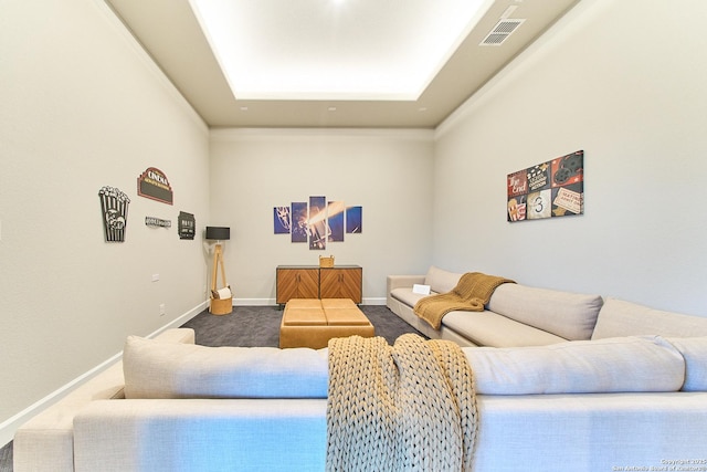 carpeted living room with a raised ceiling