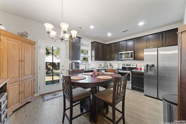 kitchen featuring stainless steel appliances, light hardwood / wood-style flooring, hanging light fixtures, dark brown cabinetry, and a chandelier