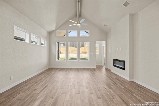 unfurnished living room with light hardwood / wood-style floors and ceiling fan