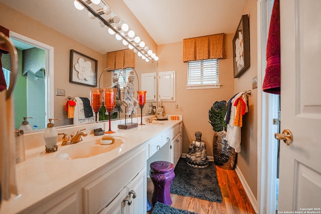 bathroom with wood-type flooring and vanity