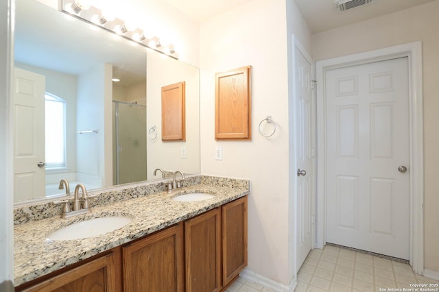 bathroom featuring shower with separate bathtub and vanity