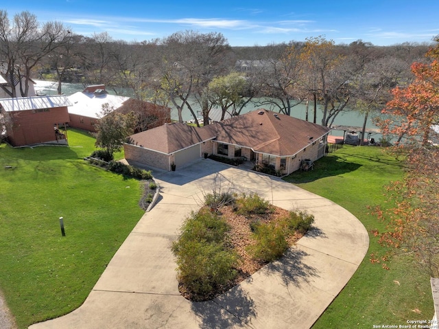 bird's eye view with a water view