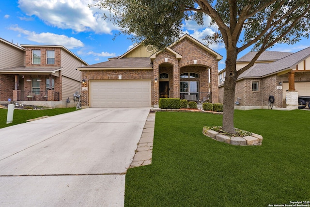 view of front facade featuring a front lawn and a garage