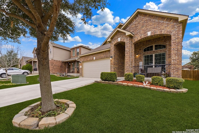 front facade with a front yard, a garage, and covered porch