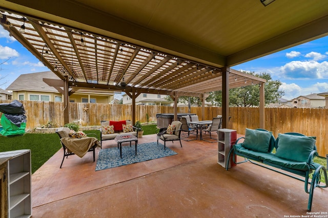 view of patio featuring outdoor lounge area and a pergola