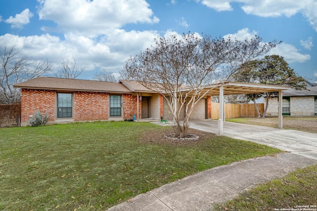 ranch-style home with a front yard and a carport