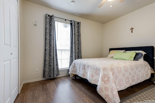 bedroom featuring multiple windows, a closet, ceiling fan, and dark wood-type flooring