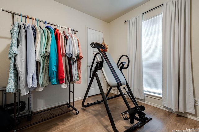 workout room featuring hardwood / wood-style floors