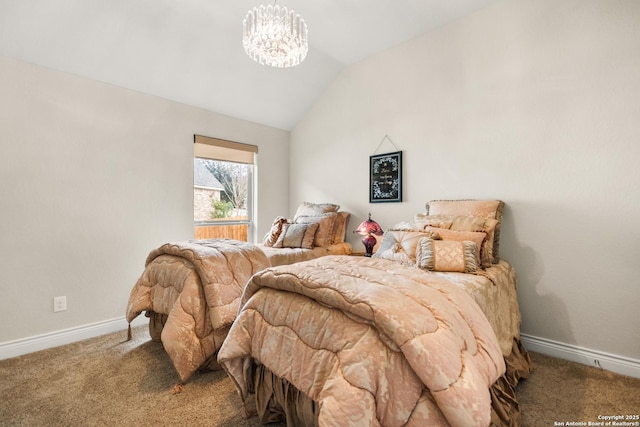 bedroom featuring an inviting chandelier, lofted ceiling, and carpet