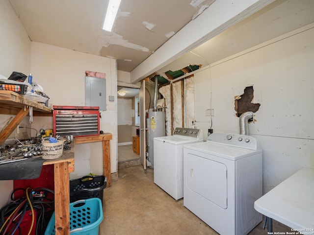 laundry area with water heater, electric panel, and washing machine and clothes dryer