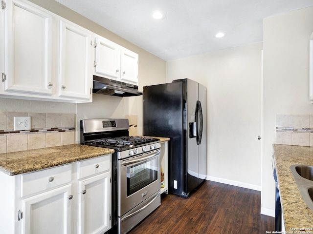 kitchen with dark wood-type flooring, black fridge with ice dispenser, gas stove, stone countertops, and white cabinetry