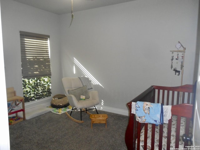 bedroom with a crib and carpet flooring