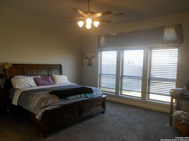 carpeted bedroom featuring ceiling fan