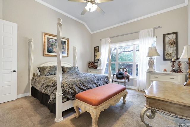 bedroom with lofted ceiling, ceiling fan, ornamental molding, and light colored carpet