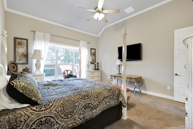 carpeted bedroom featuring ceiling fan, crown molding, and lofted ceiling